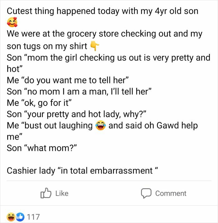 Funny mom group post about a 4-year-old son’s cute and unhinged interaction at the grocery store checkout.