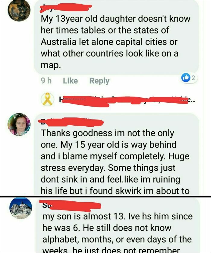 Screenshot of unhinged mom group posts discussing their children's learning struggles and parental stress online.