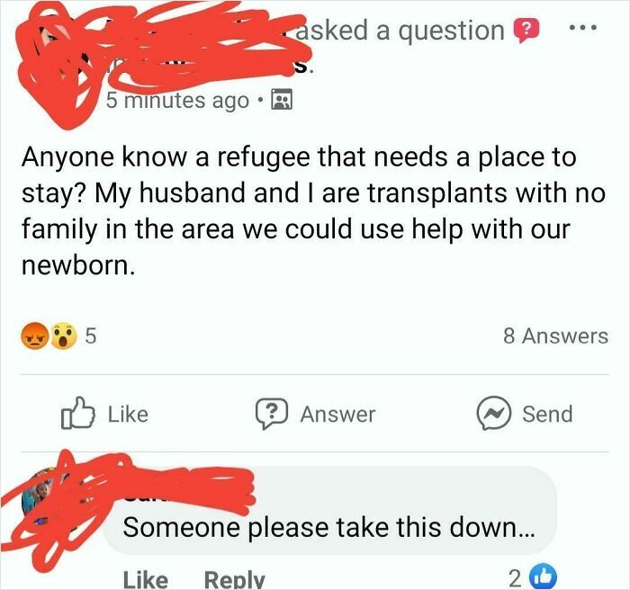 Screenshot of a mom group post asking for housing help for a refugee newborn, showing unhinged reactions from members.