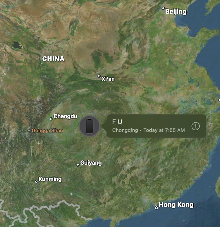Satellite map showing a smartphone location in China with an unexplained message, one of the weird images to linger in your brain.