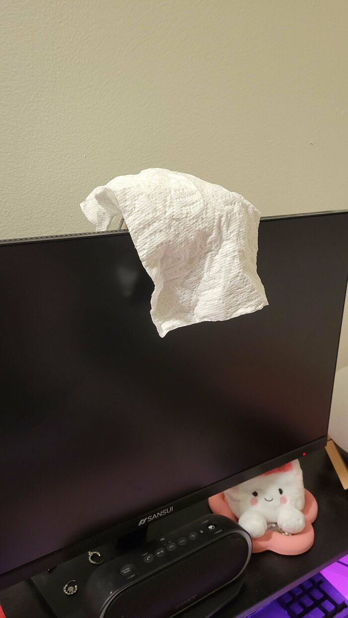 White tissue balancing oddly on top of a black computer monitor in a weird and unexplainable image.