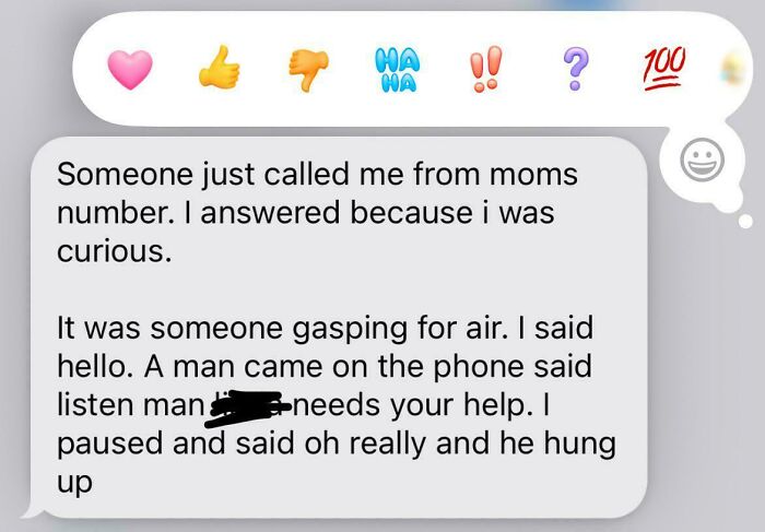 Text message describing a weird and unexplainable phone call where a man gasped for air and asked for help.