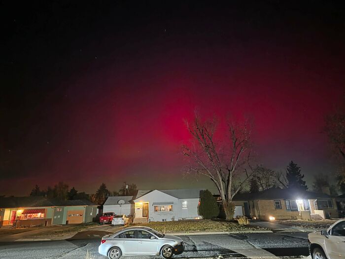 Nighttime neighborhood scene with red sky glow, a bare tree, and parked cars, evoking weird and unexplainable images.