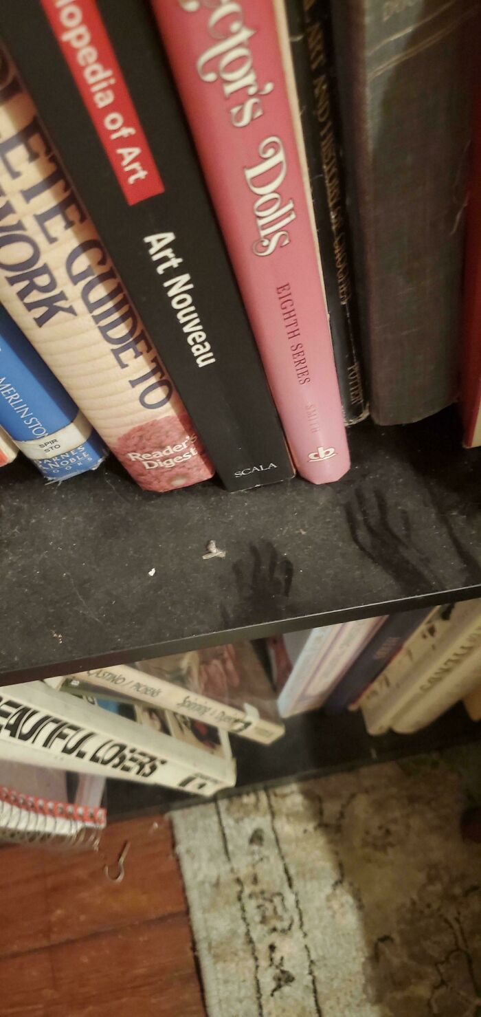 Shadowy handprints appear on a dusty bookshelf, creating a weird and unexplainable image that may linger in your brain.