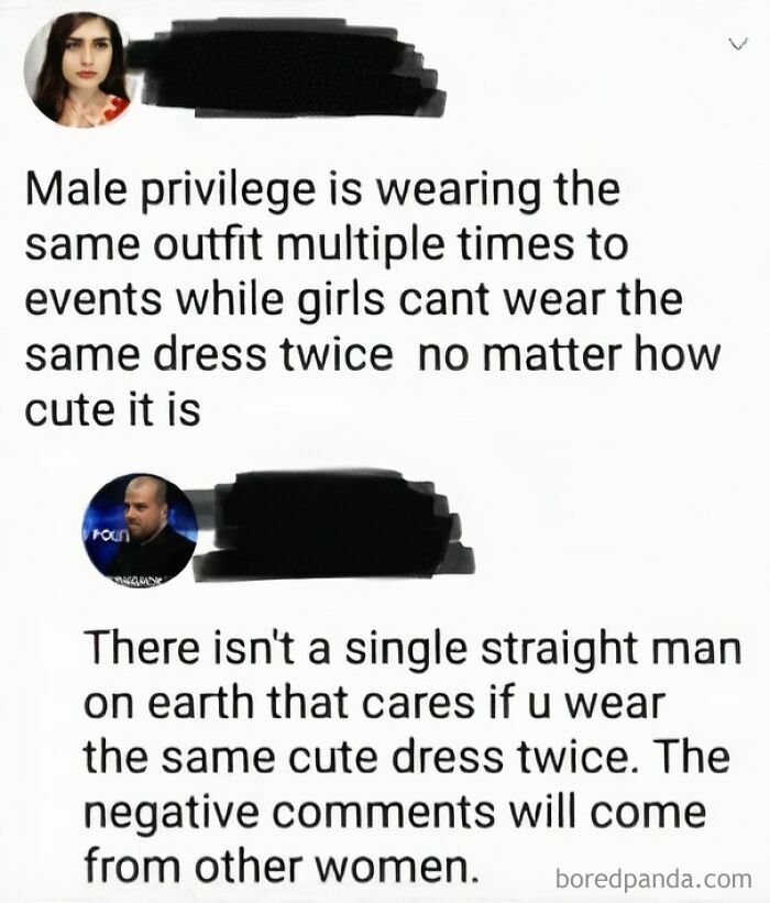 Text conversation about male privilege in outfit repetition, highlighting social perceptions and opinions on wearing the same dress twice.