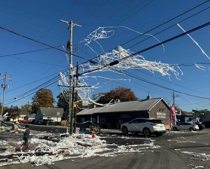 Toilet paper tangled in power lines over a street, creating a weird and unexplainable image on a clear day.