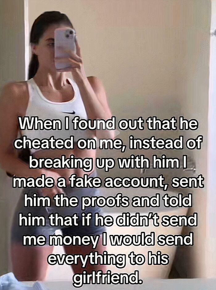 Woman taking mirror selfie with text about cheating, fake account, and internet moments better than news.