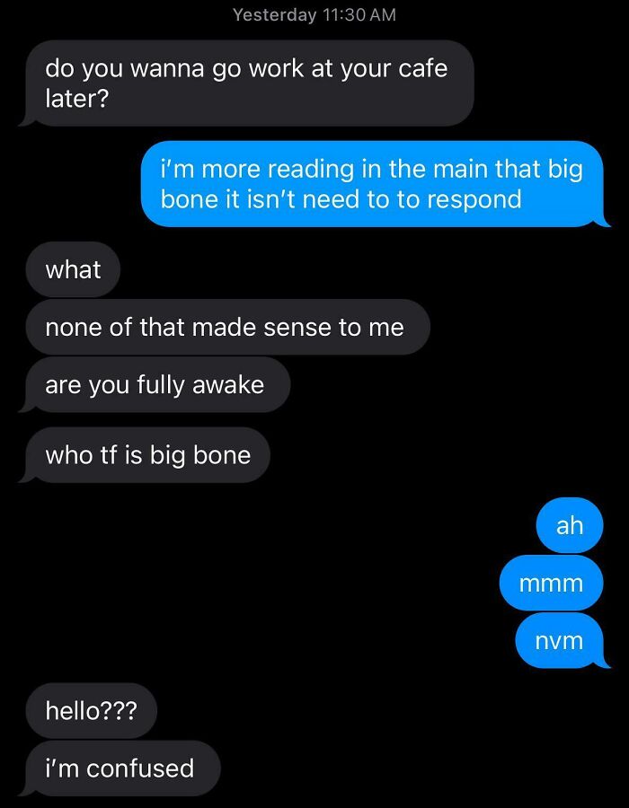 Text message conversation showing confusing and unexplainable chat exchange with unclear meanings and responses.