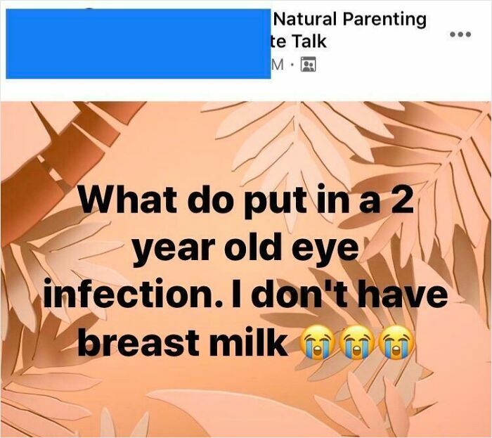 Screenshot of a mom group post asking for advice on treating a 2-year-old eye infection without breast milk.