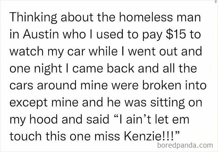 Alt text: Heartwarming internet moment about a homeless man protecting a car, showcasing favorite moments better than the news.