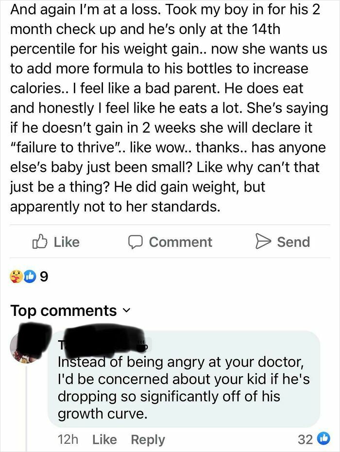 Screenshot of a mom group post discussing concerns about baby weight gain and doctor’s advice on formula feeding.