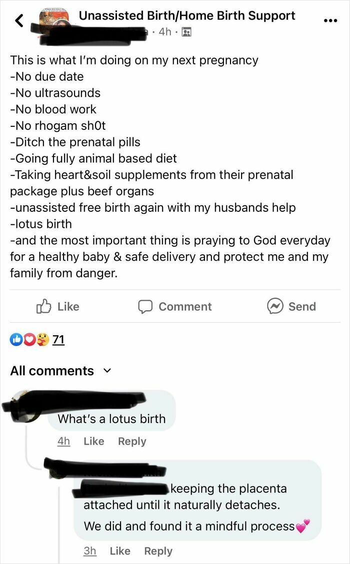 Screenshot of a mom group post discussing unassisted birth plans and a comment explaining lotus birth details.