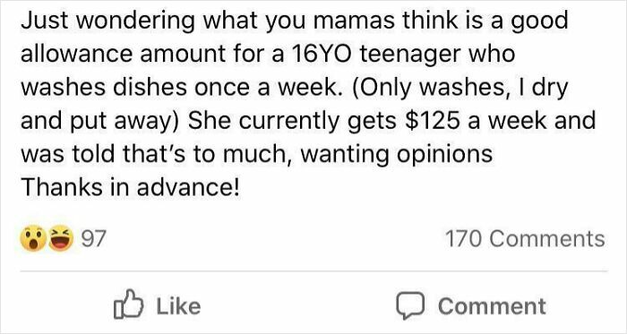 Post from mom groups asking about appropriate allowance for a 16-year-old who does weekly dishwashing chores.