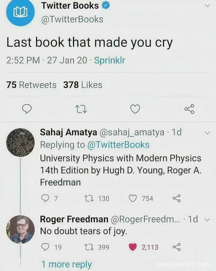 Twitter thread discussing the last book that made users cry, part of favorite moments better for you than the news.