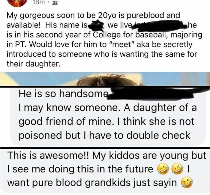 Screenshot of a mom group post discussing matchmaking and pureblood grandkids in wild mom groups on the internet.