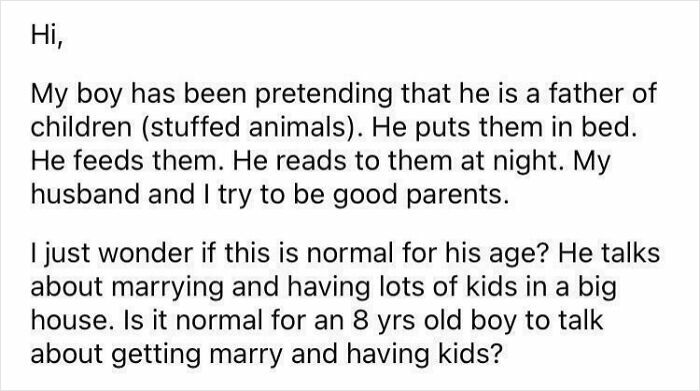 Screenshot of a mom group post asking if it is normal for an 8-year-old boy to talk about marriage and having kids.