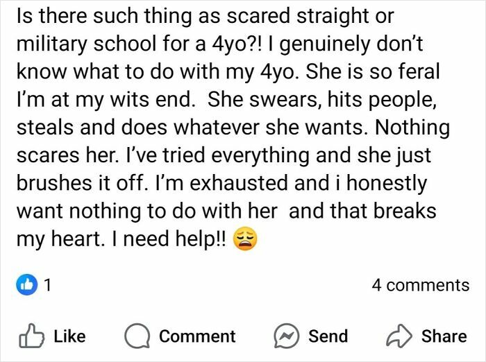 Post in a mom group about struggling with a feral 4-year-old and asking for parenting advice.