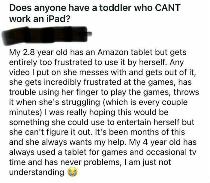 Mom groups post about toddlers struggling to use tablets, sharing parenting frustrations and seeking advice online.