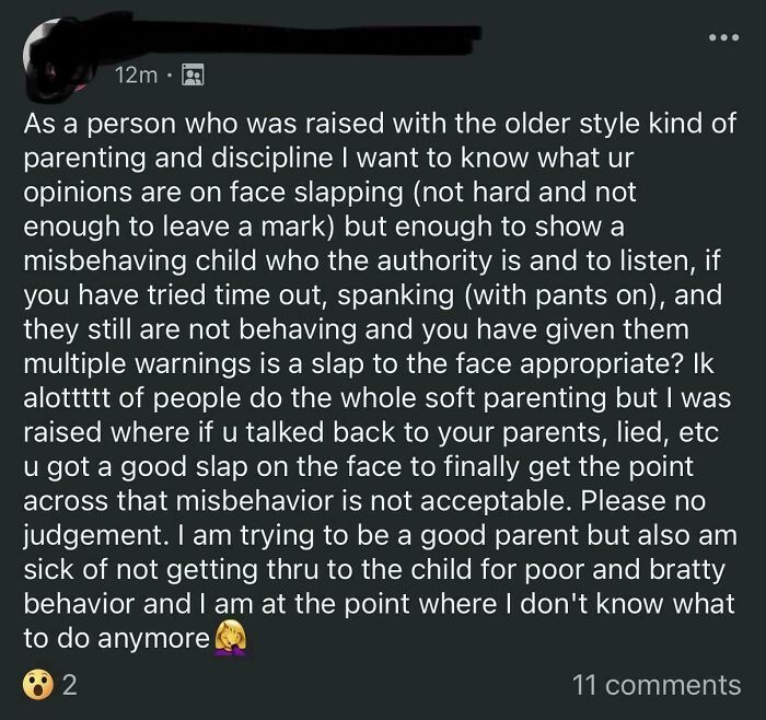 Post from a mom group discussing discipline methods and parenting challenges in unfiltered mom group conversations online.