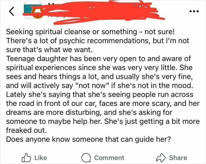 A mom group post describing a teenager experiencing disturbing spiritual visions and seeking guidance.