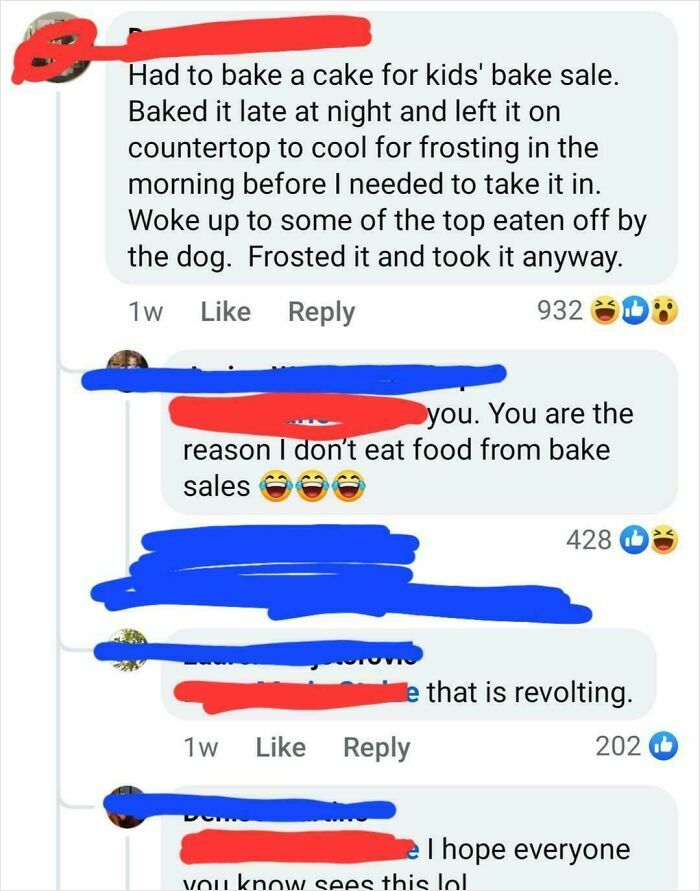 Screenshot of a mom group post sharing a funny and unhinged story about a dog's cake theft at a bake sale.