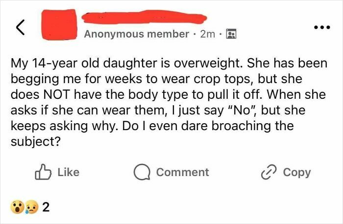 Screenshot of a mom group post discussing parenting challenges about a 14-year-old daughter and clothing choices.