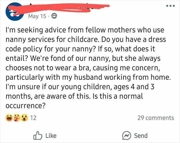 Screenshot of a mom group post asking about a nanny dress code policy related to no bra and childcare concerns.