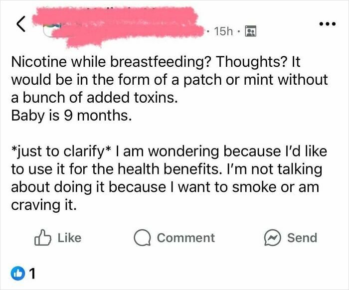 Screenshot of a mom group post asking about nicotene use while breastfeeding for health benefits.