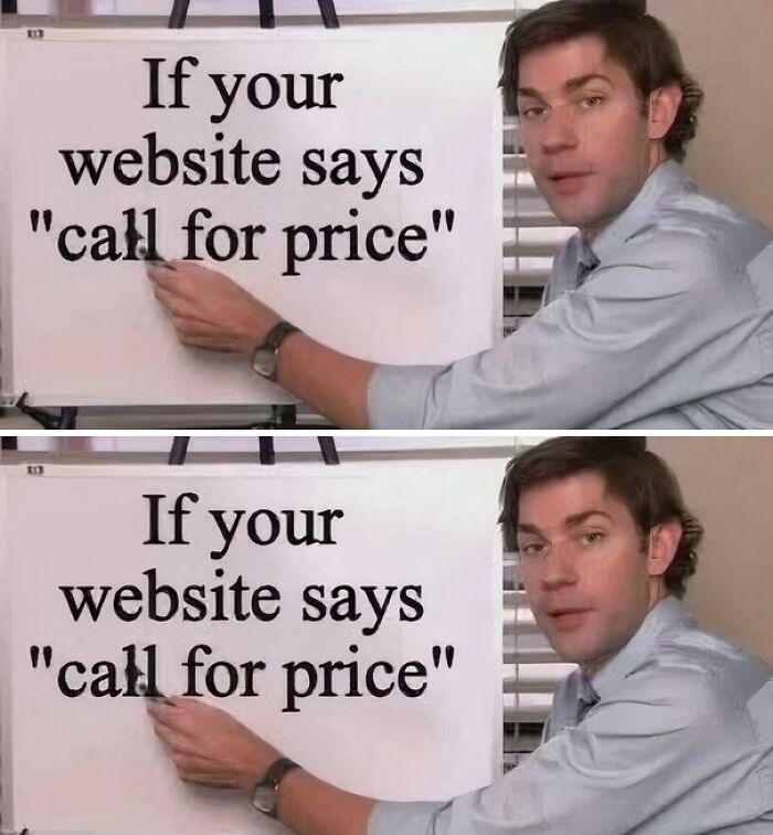 Man presenting a meme about website pricing, illustrating relatable posts and memes about our lives that hit close to home.