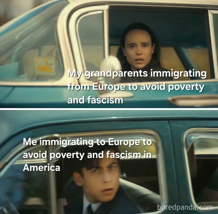 Two people in separate vintage cars, illustrating posts and memes about immigration and life challenges hitting close to home.