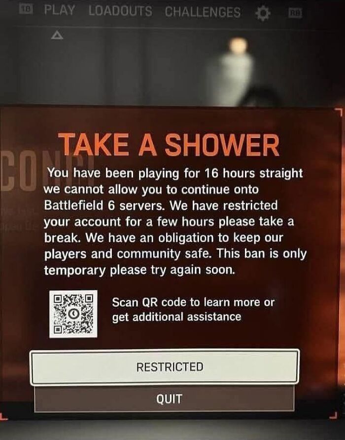 Warning message on a gaming screen asking player to take a break after 16 hours, reflecting relatable posts and memes about life.