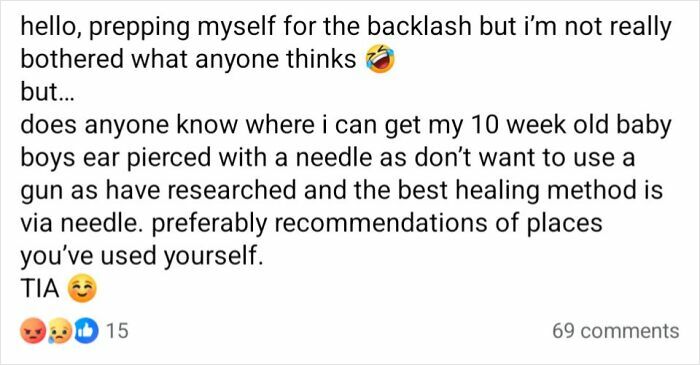 A mom in a mom group asks where to get her 10-week-old baby boy’s ear pierced with a needle, avoiding guns.