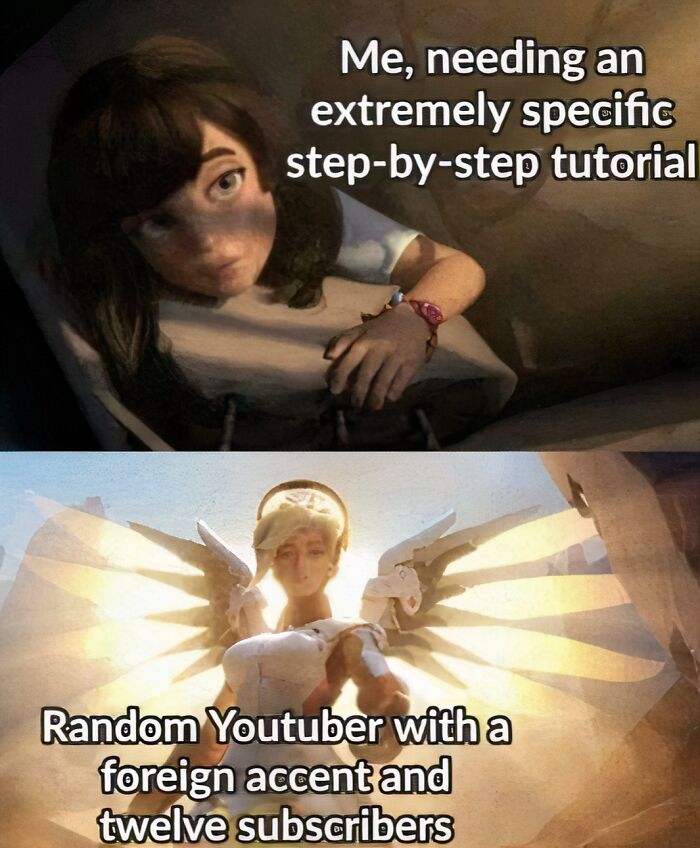 Animated meme showing a girl needing a step-by-step tutorial and a glowing angelic YouTuber with few subscribers.