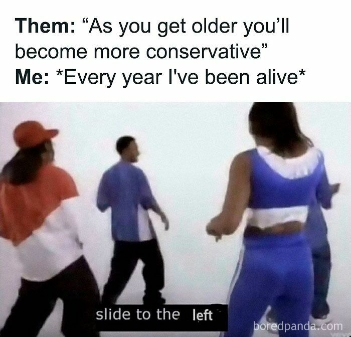 Meme showing people dancing with caption about life experiences in posts and memes hitting close to home.