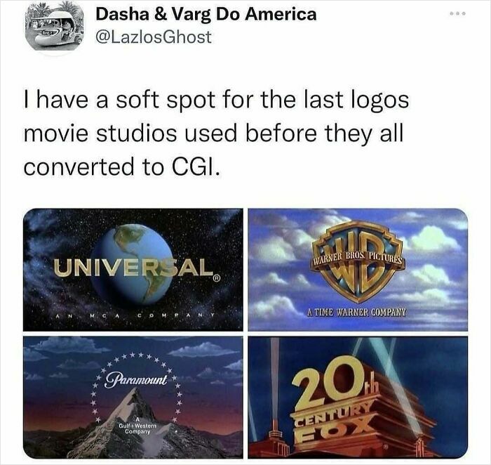 Tweet about nostalgia for classic 90s movie studio logos before CGI, showing Universal, Warner Bros, Paramount, and 20th Century Fox.