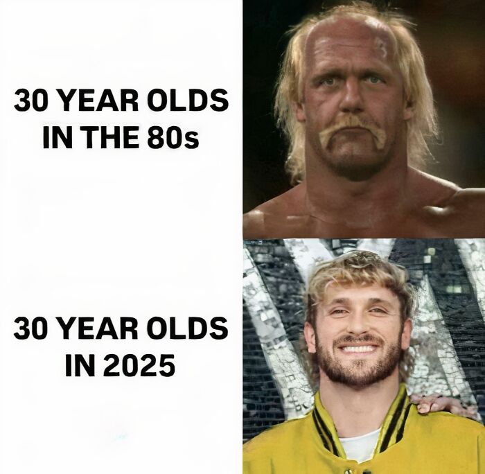 Comparison of 30 year olds in the 80s and 2025 showing popular internet moments better for you than the news.