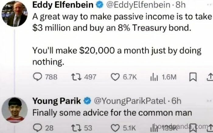 Screenshot of tweets discussing passive income and financial advice, highlighting favorite internet moments better than the news.