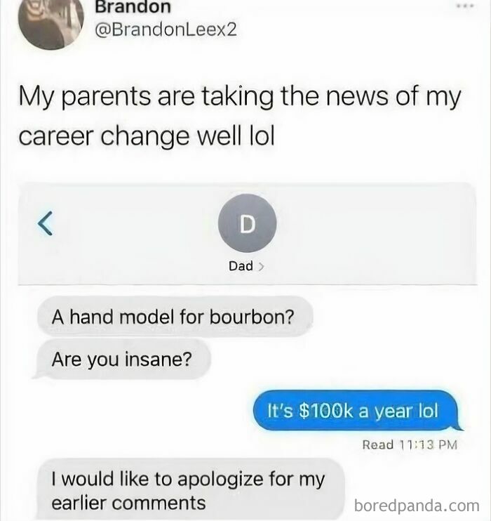 Text conversation about a career change to hand modeling bourbon, highlighting favorite internet moments better than news.