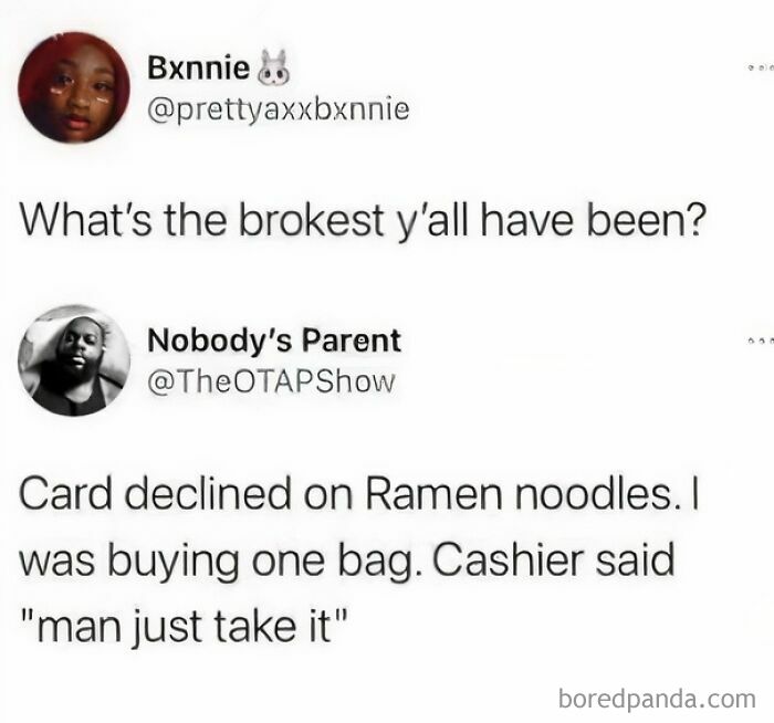 Social media conversation sharing one of the internet’s most favorite moments about being broke and kindness shown.