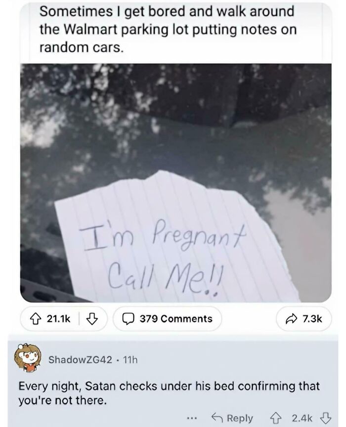 Handwritten note on a car windshield in a Walmart parking lot saying "I'm pregnant Call Me" shown in a favorite internet moments post.