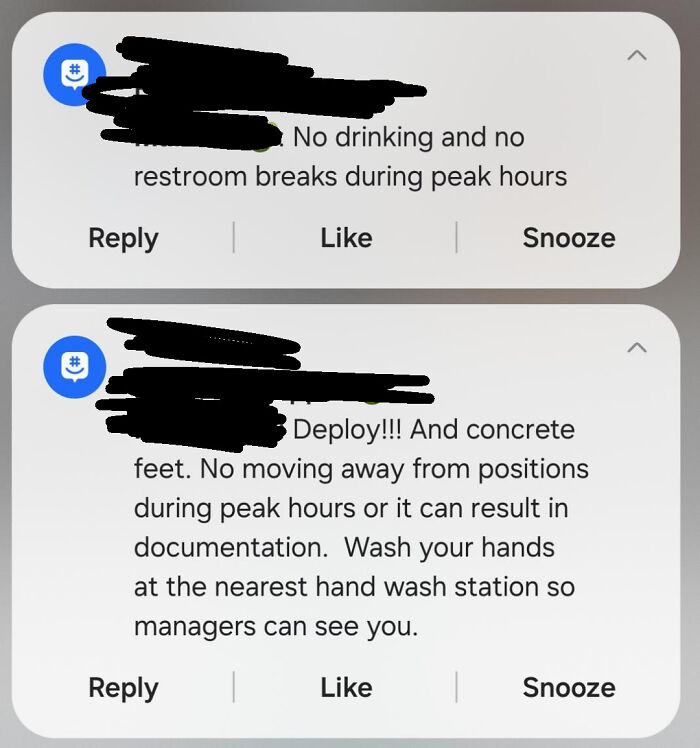 Workplace messages enforcing strict rules on breaks and movements during peak hours showing why no one wants to work anymore.