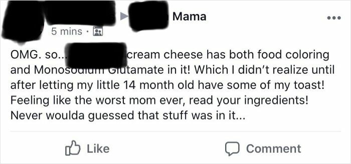 Social media post from a mom group about surprise ingredients in cream cheese, highlighting unhinged mom group content online.