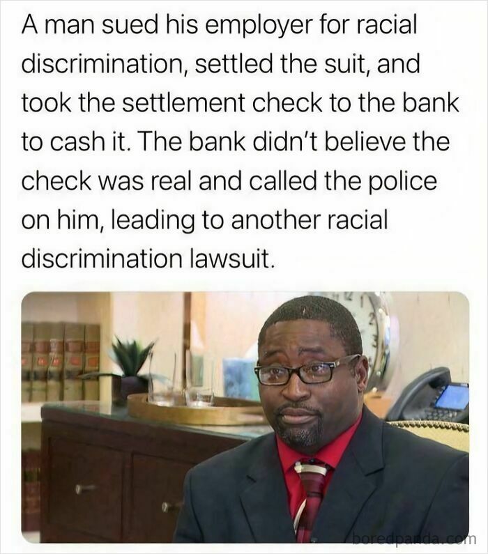 Man faces racial discrimination lawsuit after bank calls police on him for cashing real settlement check.