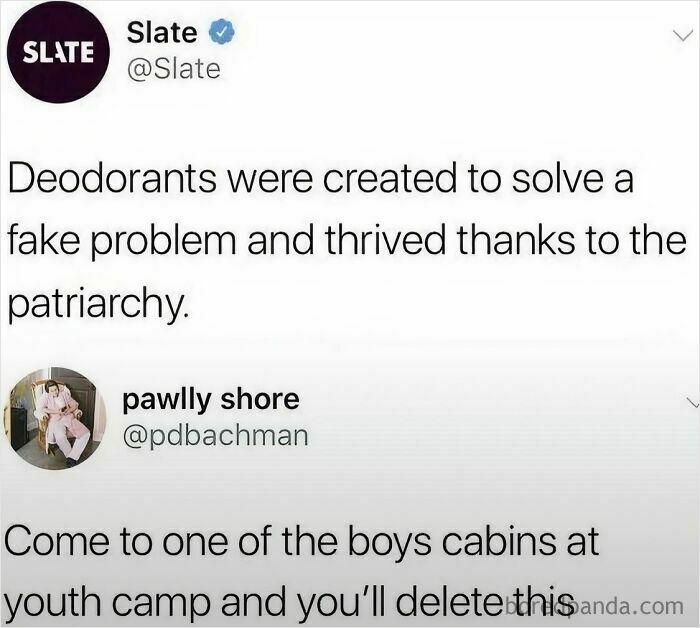 Tweet from Slate about deodorants thriving due to patriarchy, shared in popular internet moments better than news.