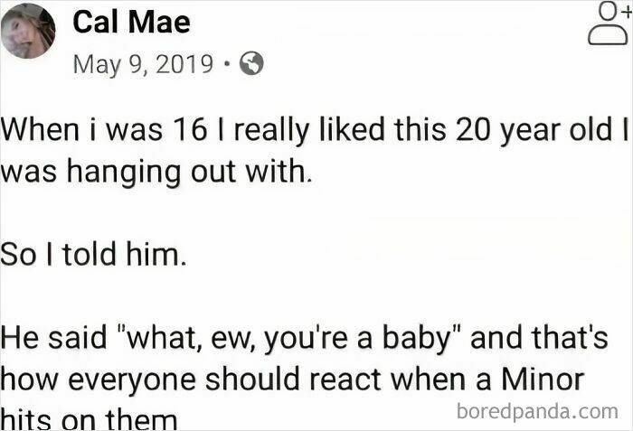 Screenshot of a social media post discussing a personal story about age and minor boundaries, popular internet moment.