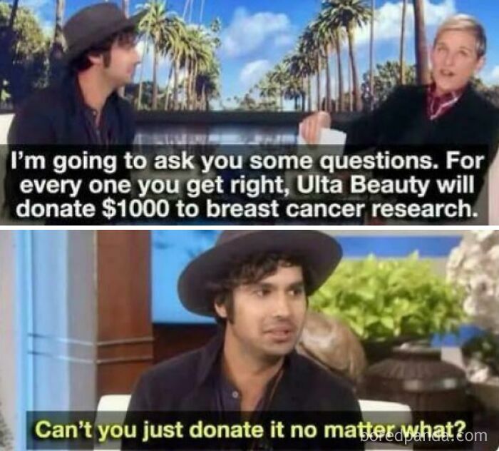 Celebrity in a talk show discussing a charity quiz where donations support breast cancer research, featured in favorite internet moments.
