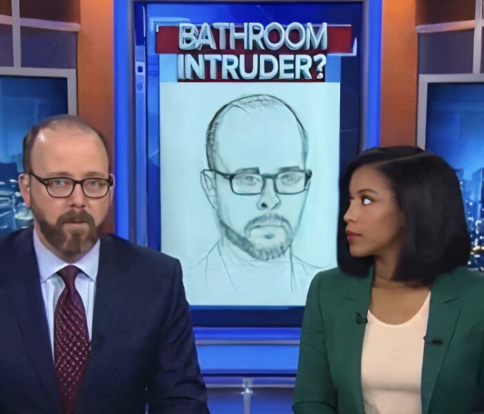Two news anchors presenting a segment with a "Bathroom Intruder?" sketch behind them, internet favorite moments.