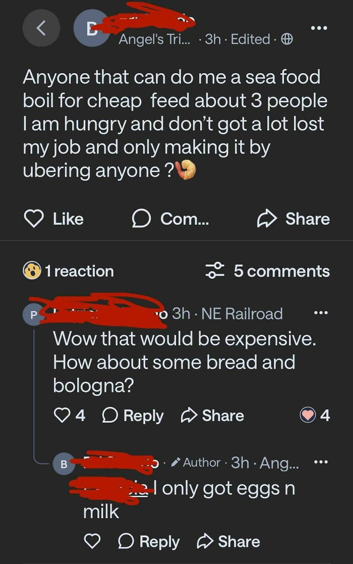 Hilarious screenshot from a neighborhood online community about a seafood boil request and limited funds.