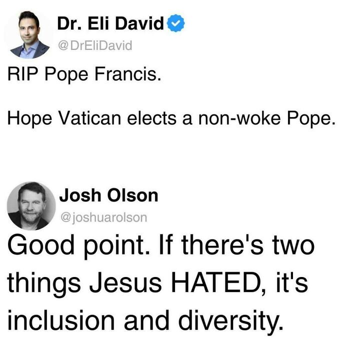 Sarcastic social media exchange discussing Pope Francis, inclusion, and diversity in a chronically ironic tone.