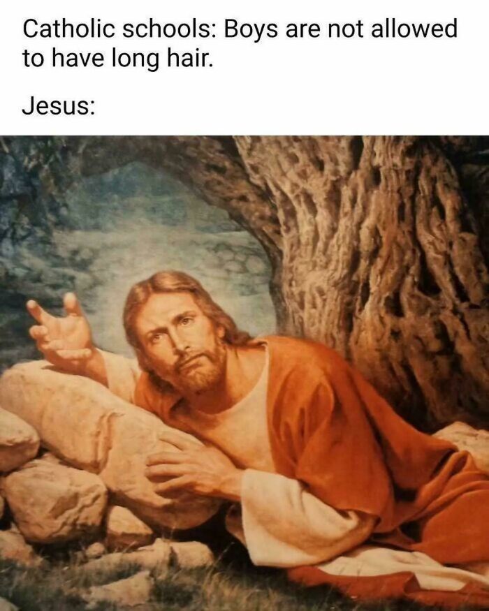 Sarcastic image showing a classical painting of Jesus with long hair, highlighting irony about school hair rules.
